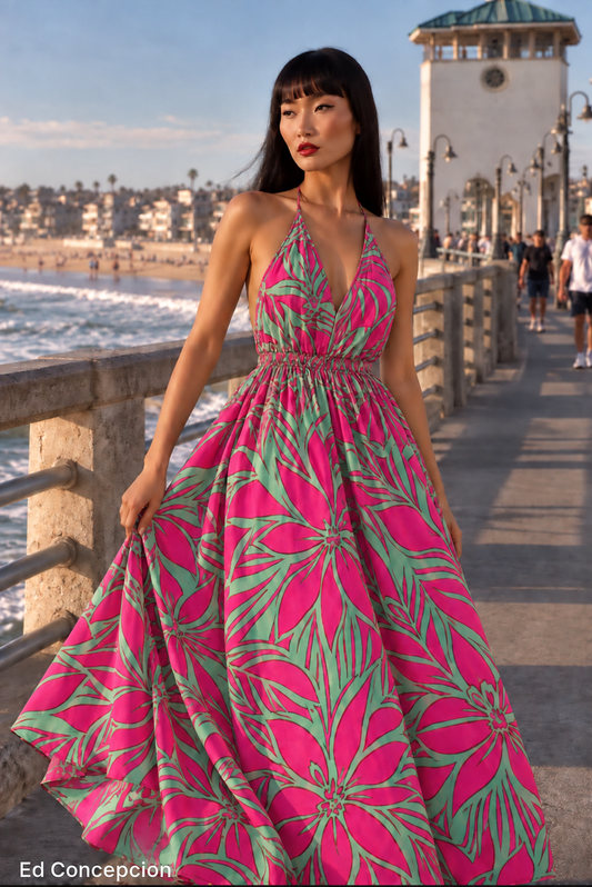 MADISON Maxi Dress in Fuchsia and Celadon Floral Print